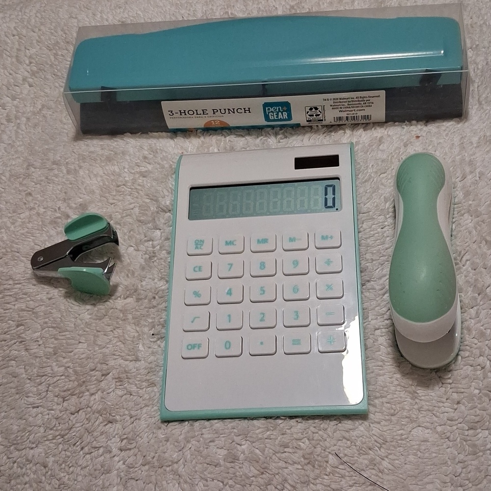 Mint Green Office Set with Calculator and Stapler